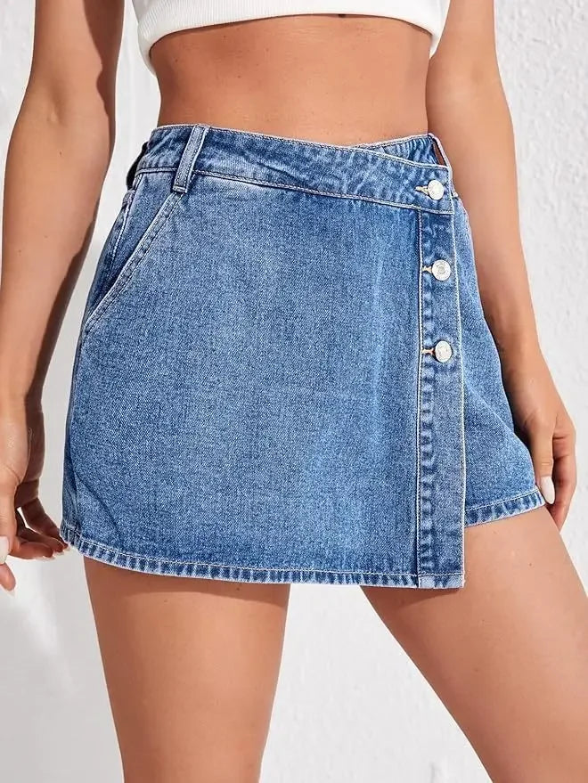 Denim Skort for Women High Waist Button Fly Jean Skorts with Split Side & Pockets Asymmetrical Hem Shorts Skirts Harajuku