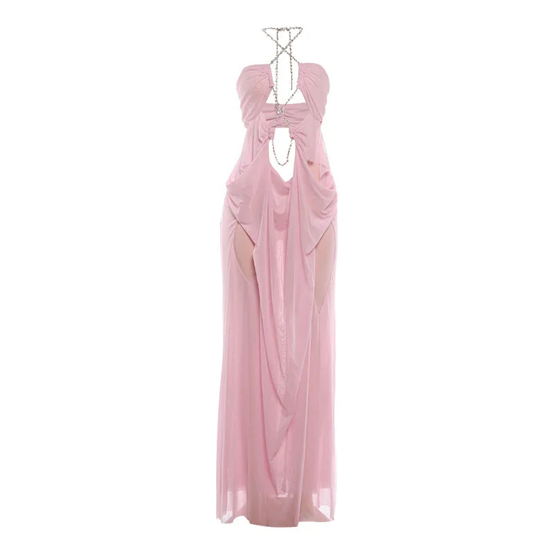 Women's Sexy Halter Maxi Dress Plunging Neck Cutout Backless Sleeveless Mesh Party Gown for Birthday Prom Cocktail
