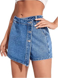Denim Skort for Women High Waist Button Fly Jean Skorts with Split Side & Pockets Asymmetrical Hem Shorts Skirts Harajuku