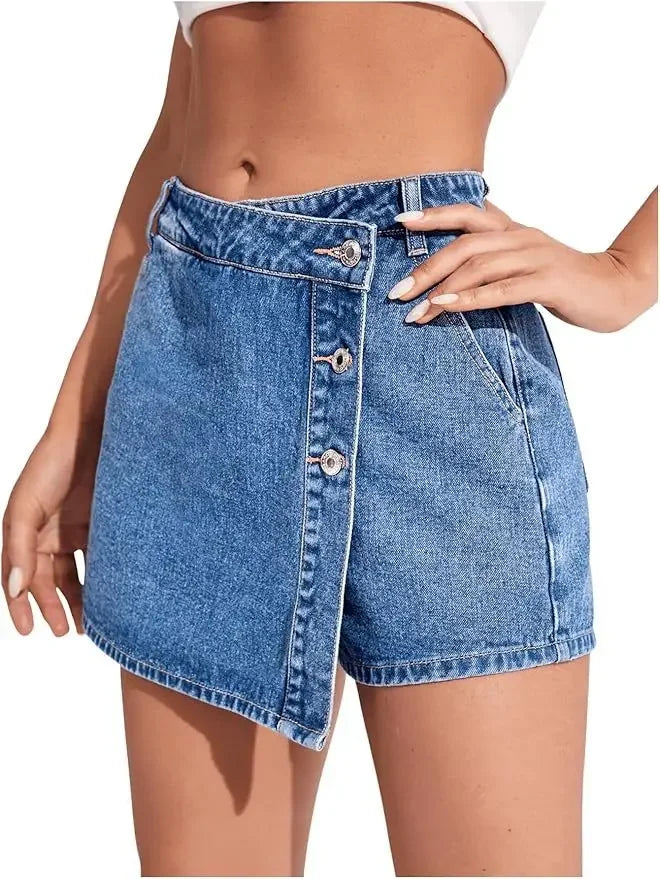 Denim Skort for Women High Waist Button Fly Jean Skorts with Split Side & Pockets Asymmetrical Hem Shorts Skirts Harajuku