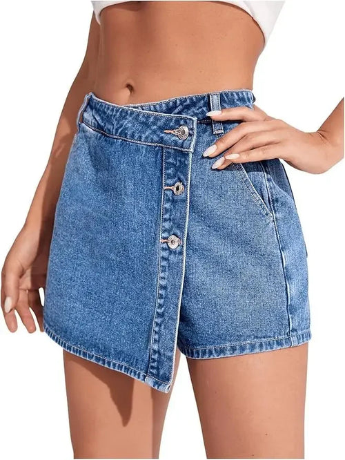 Denim Skort for Women High Waist Button Fly Jean Skorts with Split Side & Pockets Asymmetrical Hem Shorts Skirts Harajuku