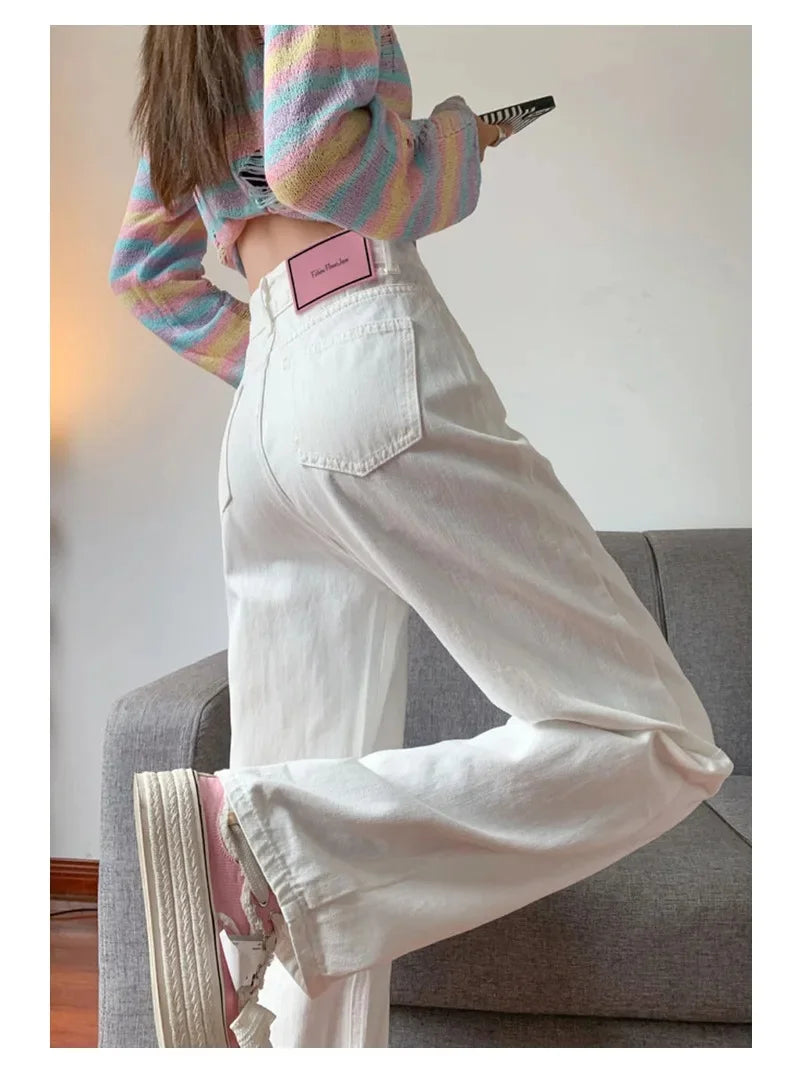 White High Waist Wide Leg Jeans Women's Loose