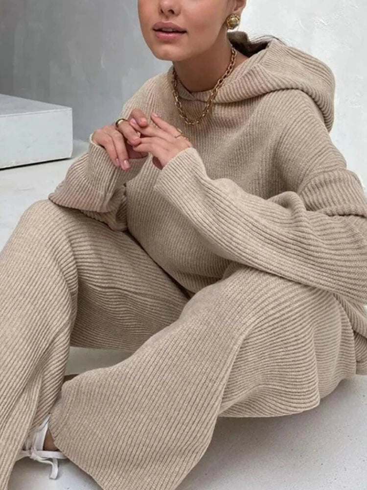 Muslim Women Two Piece Sets Women Homewear Rib Knitted Soft Pajamas Casual Loose Hooded Tops And Wide Leg Pants Suit Sportswear