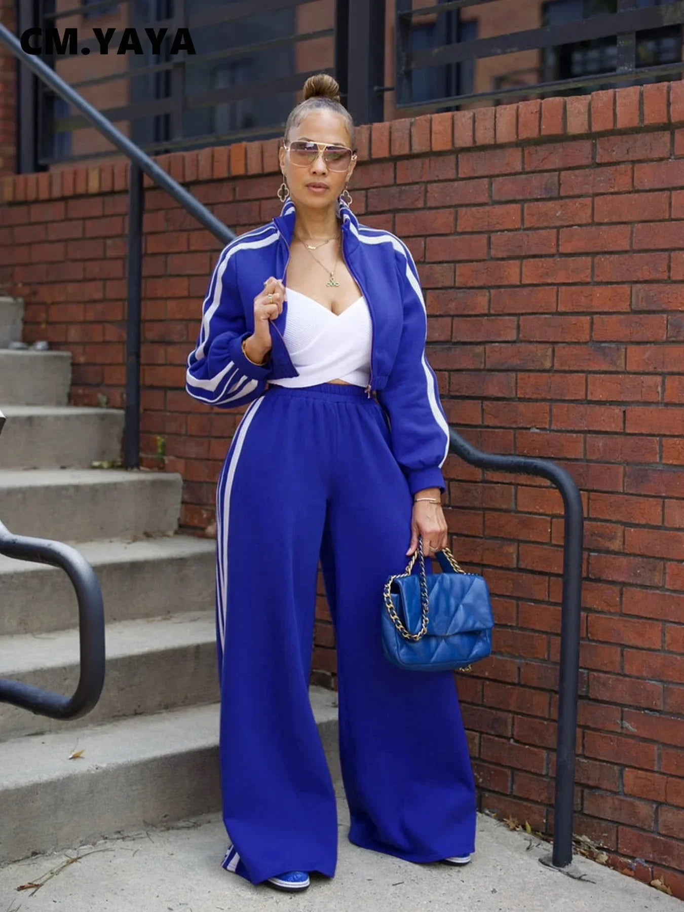 CM.YAYA  Active Women's Set Long Sleeve Striped Sweatshirt+Straight Pants 2024 Fall Street Two 2 Piece Sets Outfits Sportwear