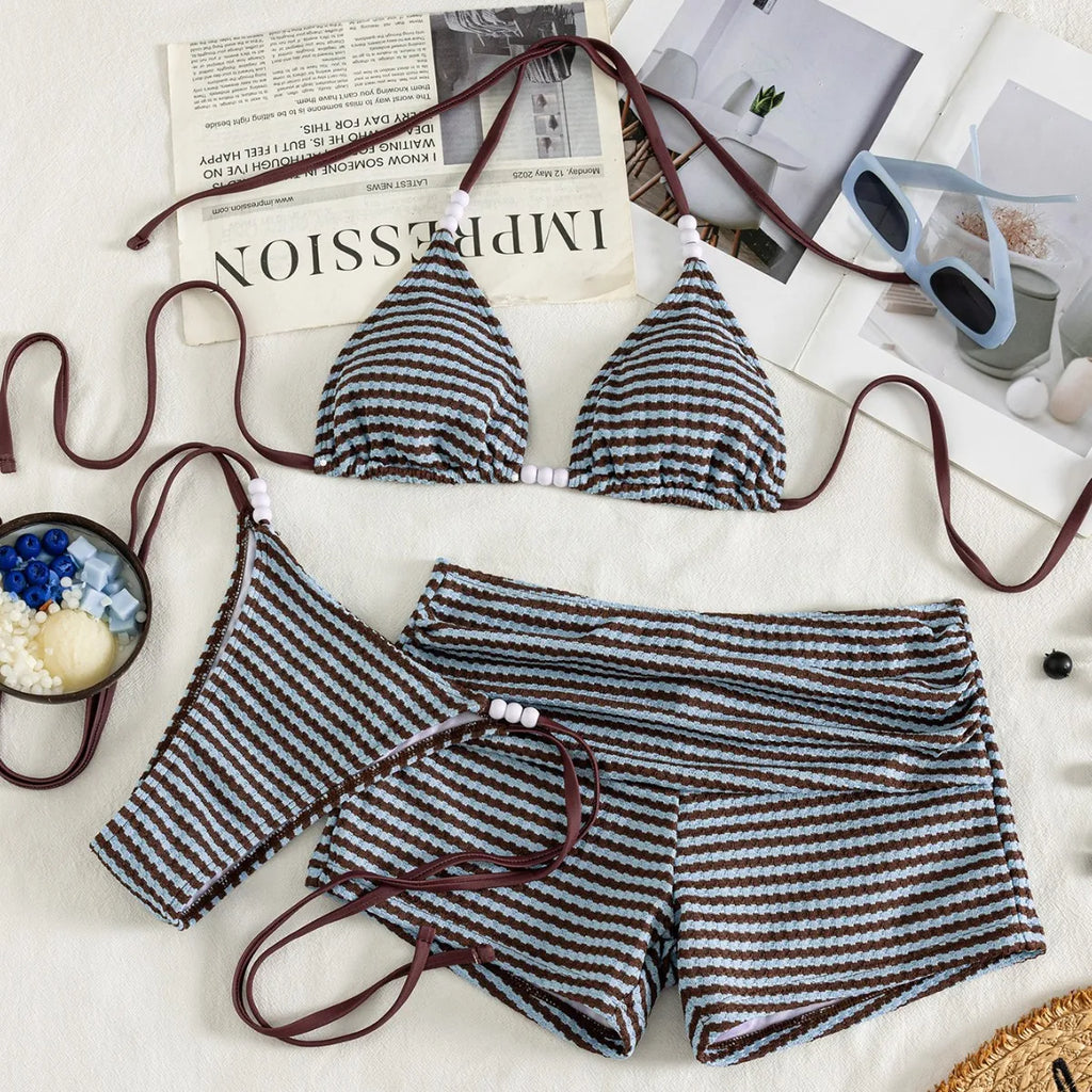 Sexy Coffee Striped Bikini Set 2026 Women Pearls Strap Push Up Bra Bandage Thong Swimsuit Bathing Suit Shorts 3 Piece Swimsuit