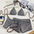 Sexy Coffee Striped Bikini Set 2026 Women Pearls Strap Push Up Bra Bandage Thong Swimsuit Bathing Suit Shorts 3 Piece Swimsuit
