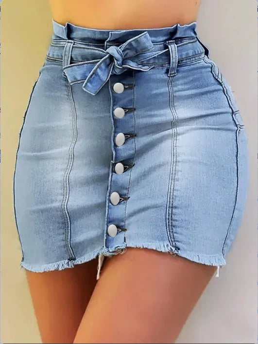 Women Denim Skirts Wrap Hip Pencil Skirt Slim Fit Pockets Button Spliced Solid High Street Sheath Lace Up Jeans Summer 2025
