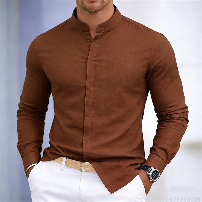 Men's Stand-Up Collar Long-Sleeve Shirt - Slim Fit Casual Business Shirt