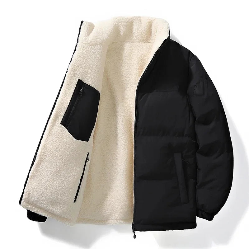 Men's Thickened Fleece Lined Cotton Jacket Autumn Winter Double Sided Wear Loose Warm Lamb Fur Outerwear Casual Chinese Brand