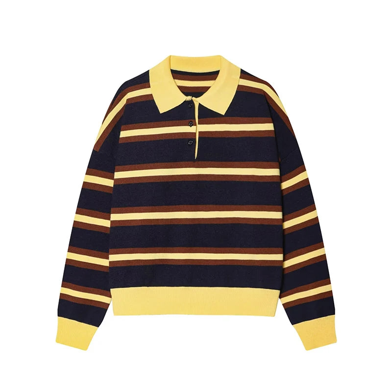 Women`s Striped Polo Neck Knitted Sweater - Casual Oversized Pullover
