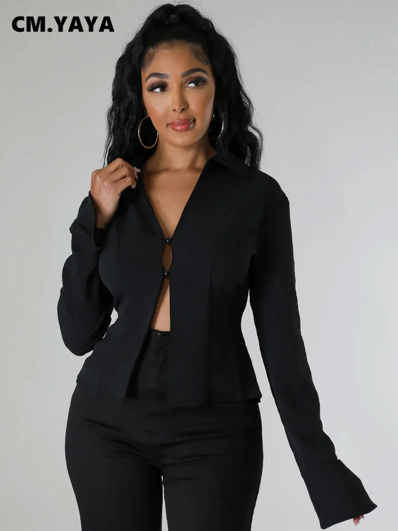 CM.YAYA Women Fashion Lace Up Backless Flare Long Sleeve Single Breasted Solid Streetwear Blazers Tops