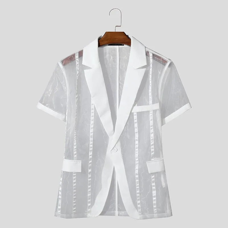 Men Blazer Striped Lapel Short Sleeve One Button Casual Suits Men Streetwear Mesh Patchwork Transparent Male Thin Coats INCERUN