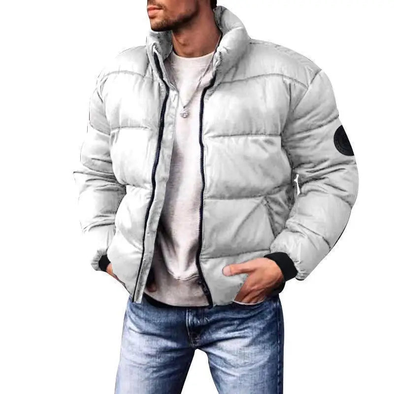 New 2025 Men's Winter Cotton Jacket Thickened down Stand Collar Coat Casual Sporty Polyester Filled Zipper Closure Solid Color