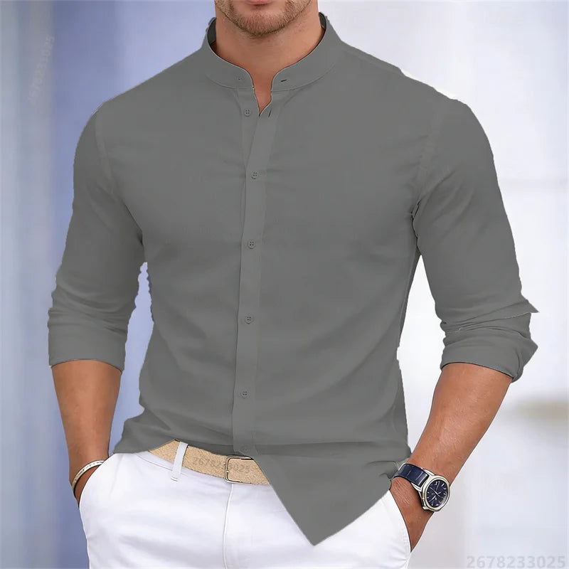 Men's Stand-Up Collar Long-Sleeve Shirt - Slim Fit Casual Business Shirt