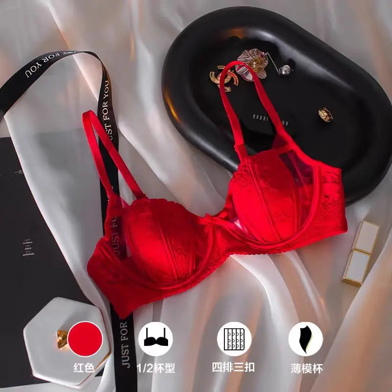 2025 New  Bra French Sexy Lace Underwear Women's Transparent Bra Big Breasts Show Small Upper Support Anti-sagging Bra Set