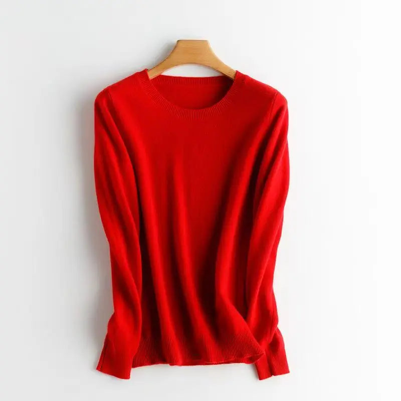 Women's 100% Wool Sweater Style Loose Fitting Pullover AutumnWinter Long Sleeved Solid Color Knit Jumper Round Neck Top
