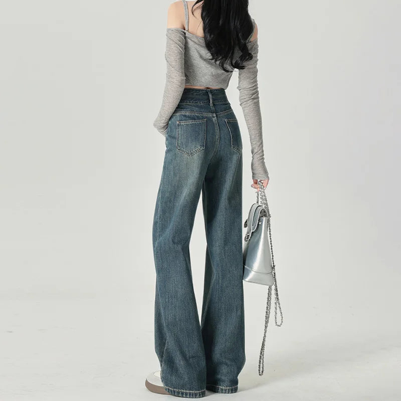 Women's High-Waisted Wide-Leg Jeans with Double-Button Closure