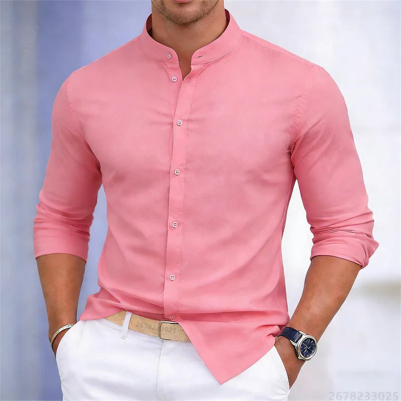 Men's Stand-Up Collar Long-Sleeve Shirt - Slim Fit Casual Business Shirt