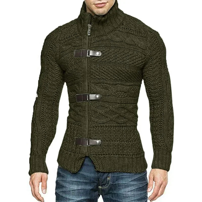 Men’s High-Neck Leather Buckle Knitted Cardigan Sweater