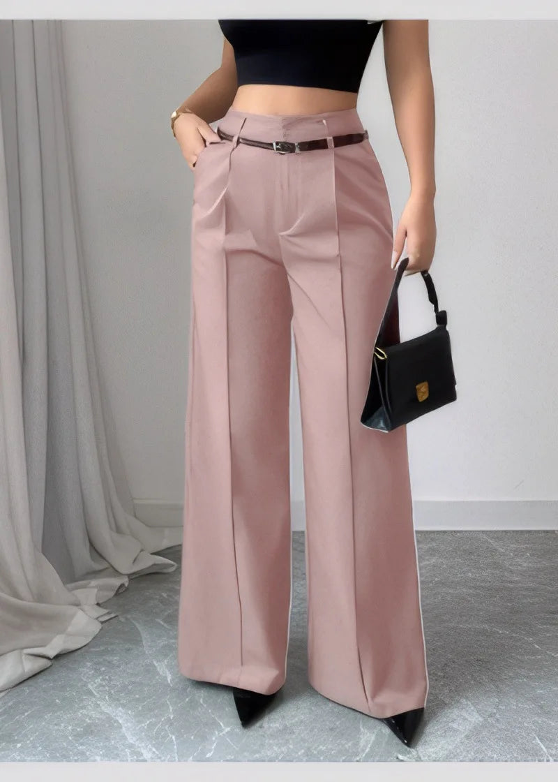 High Waist Solid Pants For Women Casual Belt Wide-leg Trousers Ladies With Pockets Office Wear Pants Pantalones Mujer Summer