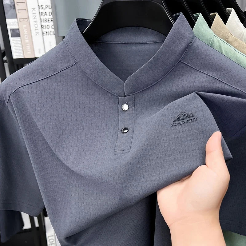 Mens Mandarin Collar Sport Polo Shirt Short Sleeve Casual Tops With Two Button Neck Comfortable Breathable Mesh Tees For Men