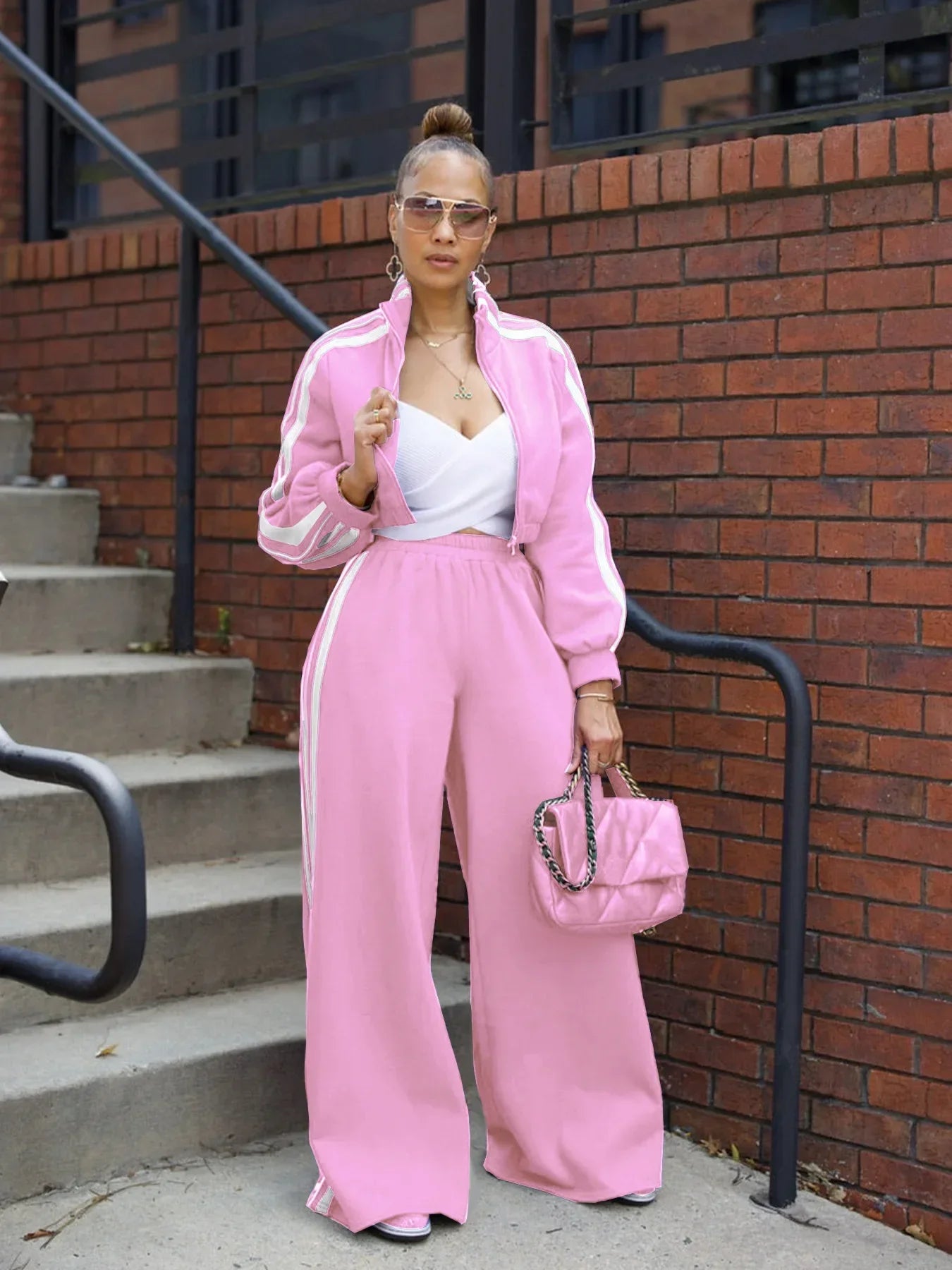 CM.YAYA  Active Women's Set Long Sleeve Striped Sweatshirt+Straight Pants 2024 Fall Street Two 2 Piece Sets Outfits Sportwear
