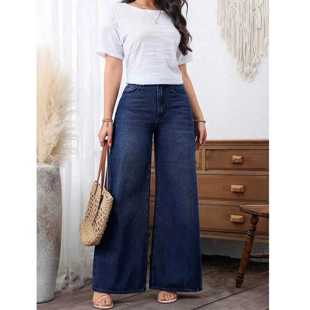 Women Denim Pant Jeans Vintage Wide Leg Long Pants Slim Fit High Waist Y2k Streetwear Elegant Splice Work Casual Loose Capris