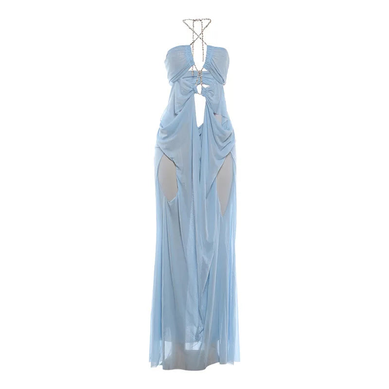 Women's Sexy Halter Maxi Dress Plunging Neck Cutout Backless Sleeveless Mesh Party Gown for Birthday Prom Cocktail