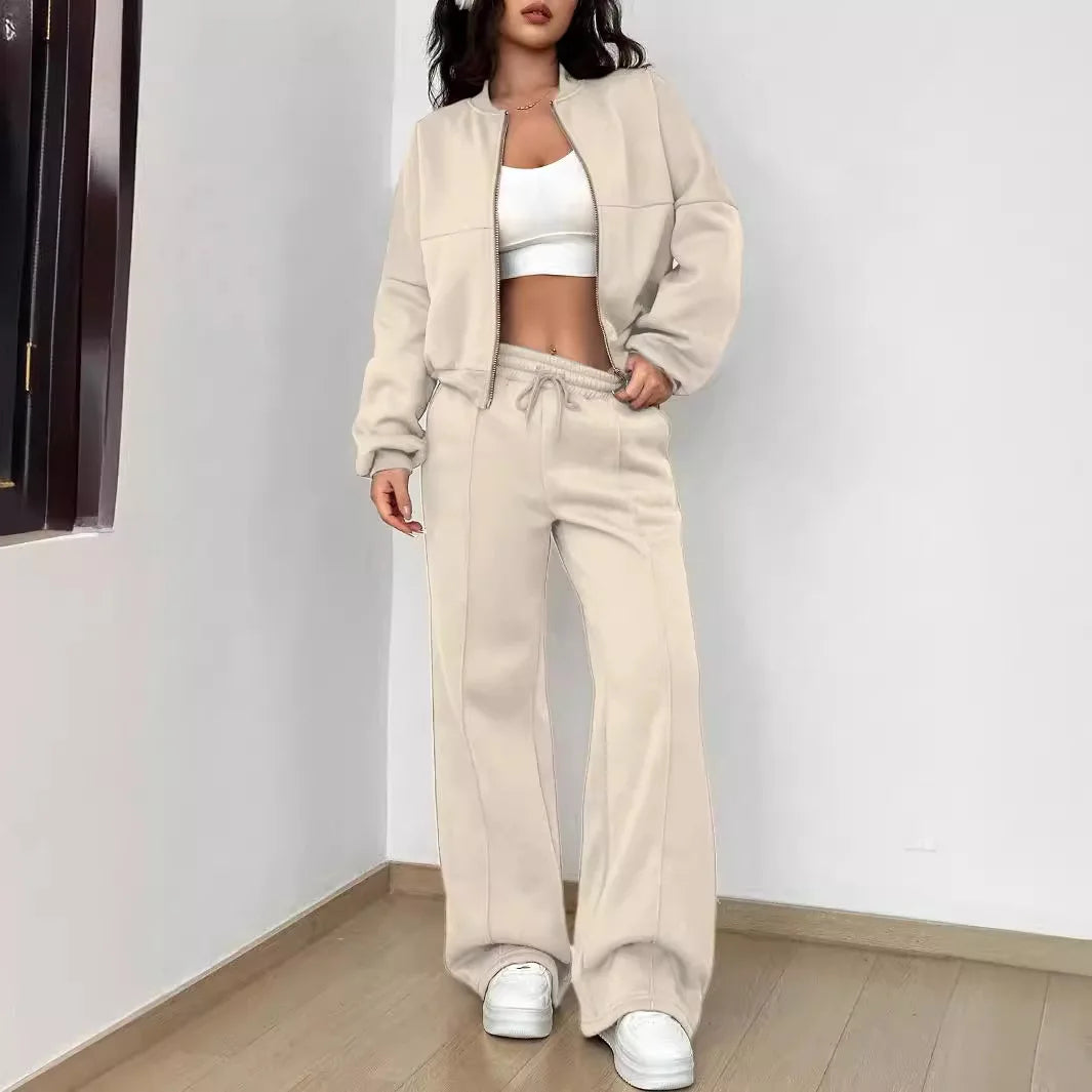 Grey Bomber Jacket Pant Women 2 Pieces Set Casual Long Sleeve Zipper Coat Casual Solid Sweatshirt Trousers Suit Fall Sportwear
