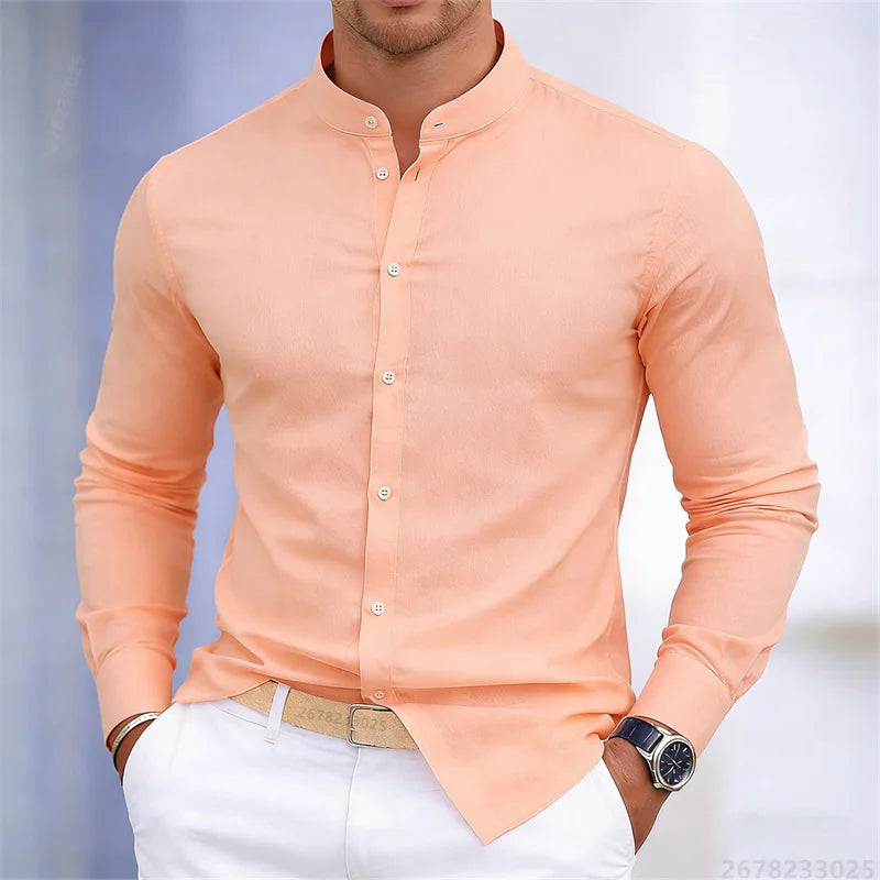 Men's Stand-Up Collar Long-Sleeve Shirt - Slim Fit Casual Business Shirt