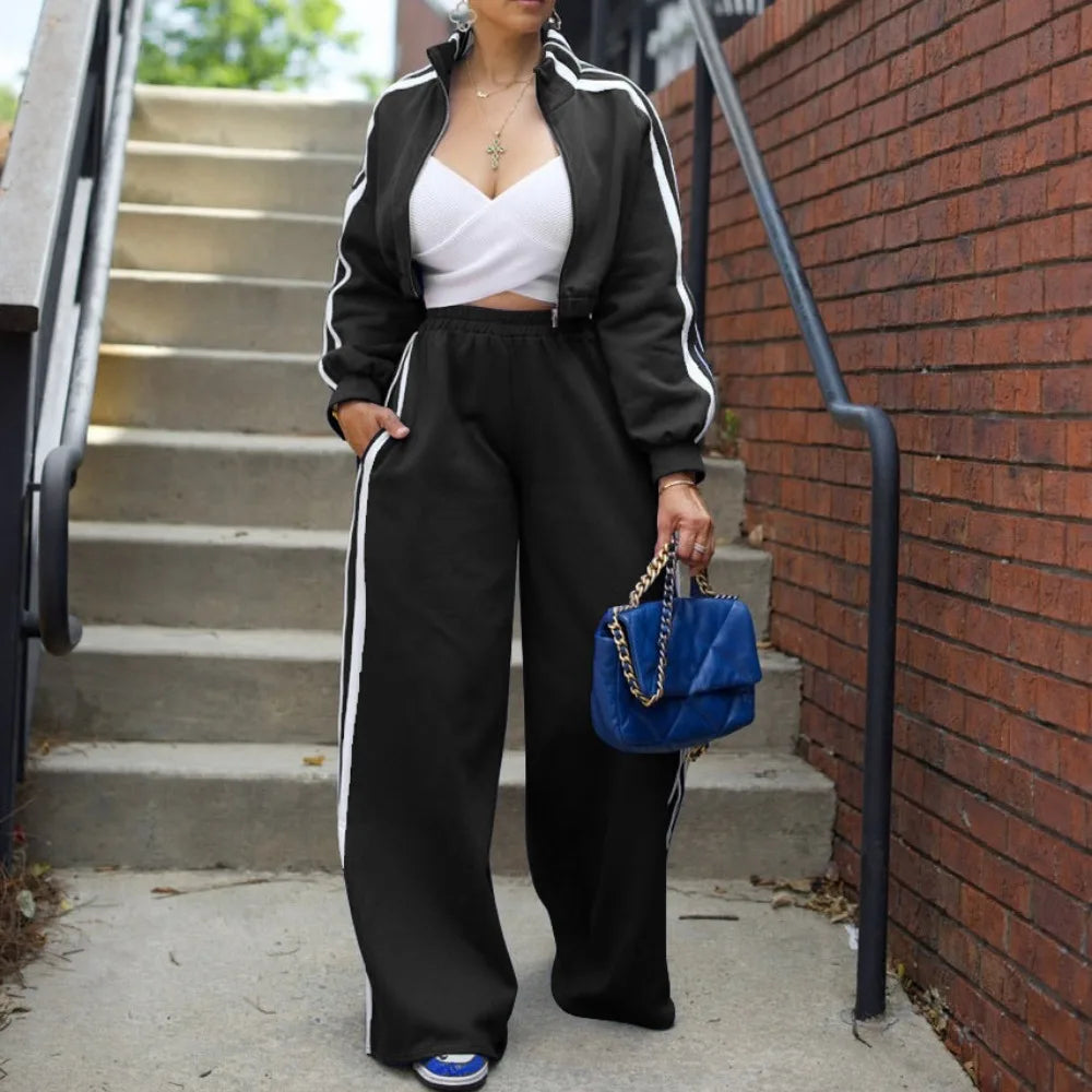 Women Wide Leg Pants Suit 2 Piece Sets Striped Jacket Floor Length Trouser Tracksuit Single Breasted 2025 Autumn Casual Ensemble