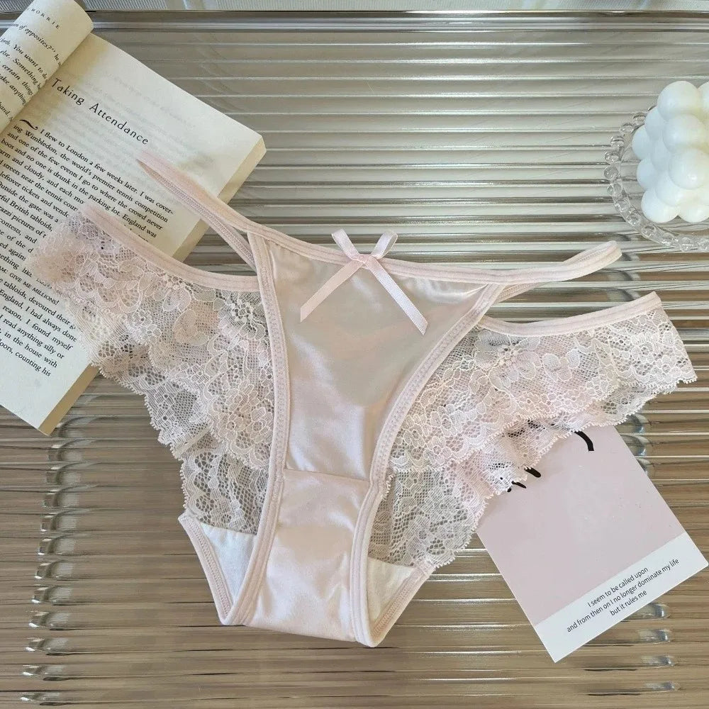 Comfortable Sweet Lace Panties Low Waist Flower Underwear for Women Hollow Cotton Crotch Satin Silk Briefs Female