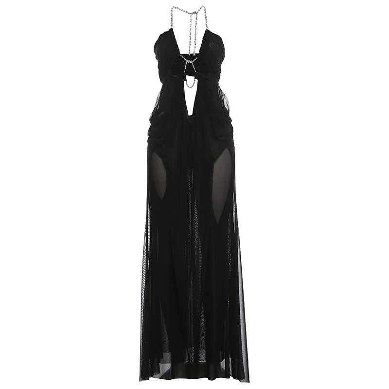 Women's Sexy Halter Maxi Dress Plunging Neck Cutout Backless Sleeveless Mesh Party Gown for Birthday Prom Cocktail