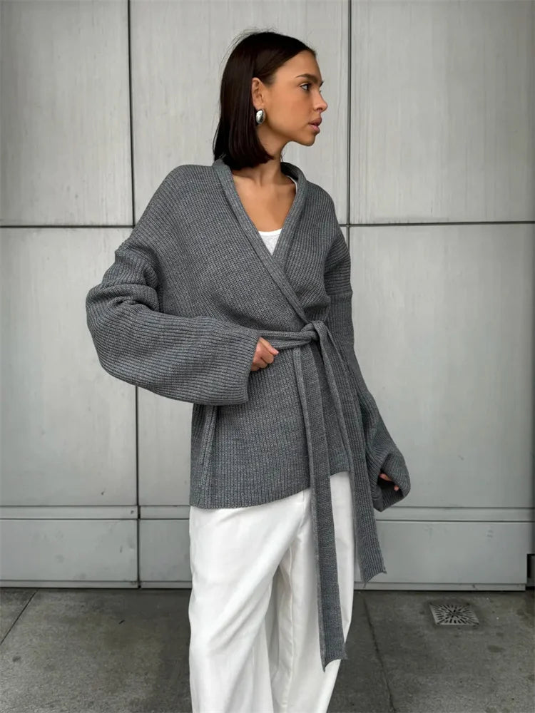 Elegant Ribbed Knit Lace-Up Cardigan Coat