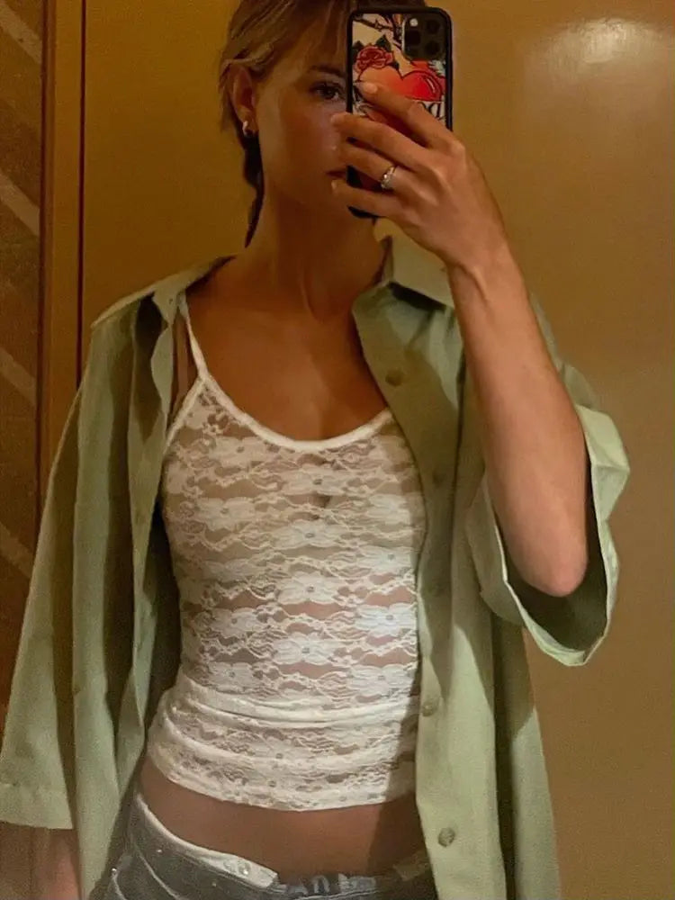 Sleeveless Sexy Lace Hollow Out Sheer Summer Sweet Crop Tops for Women Club Party Y2K Cami Tops Streetwear Clothes