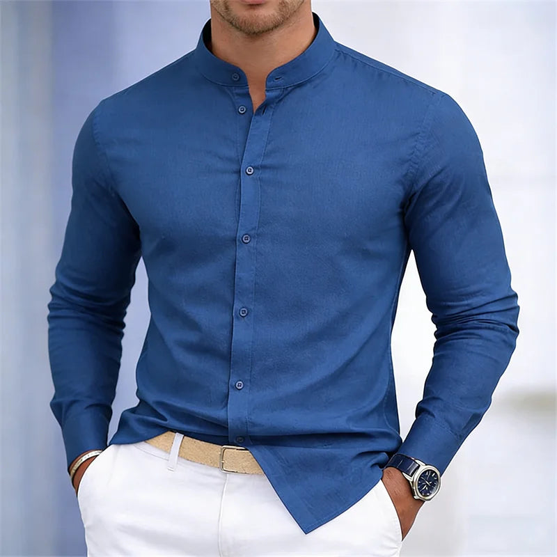 Men's Stand-Up Collar Long-Sleeve Shirt - Slim Fit Casual Business Shirt