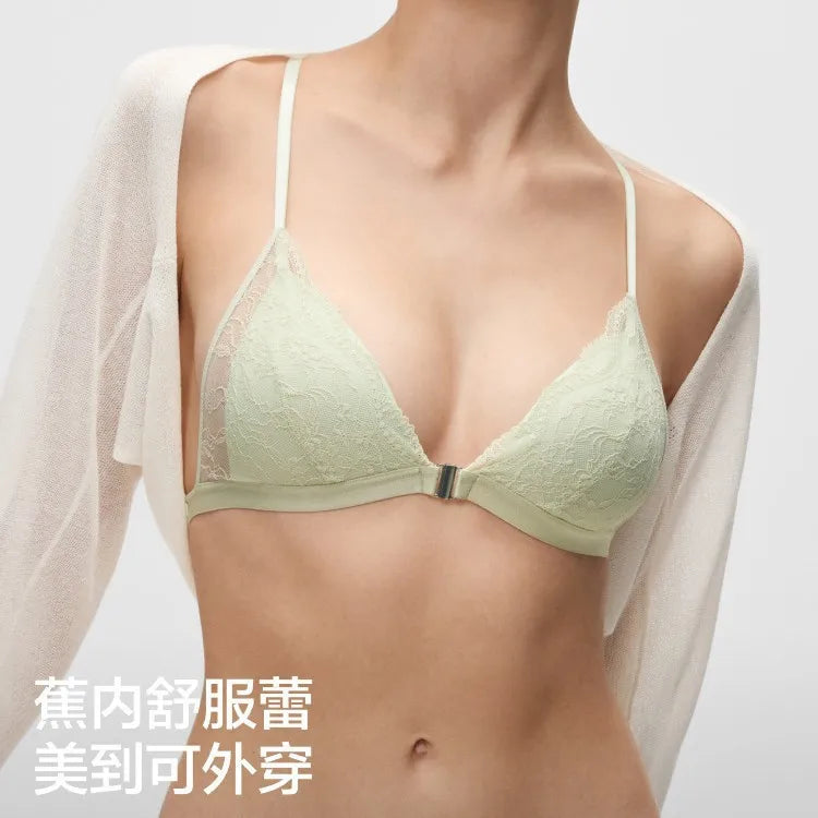 French-style Comfortable Lace Front Buttoned Sexy Back Lingerie for Women - Thin Style with Lace Cups in The Triangle Shape