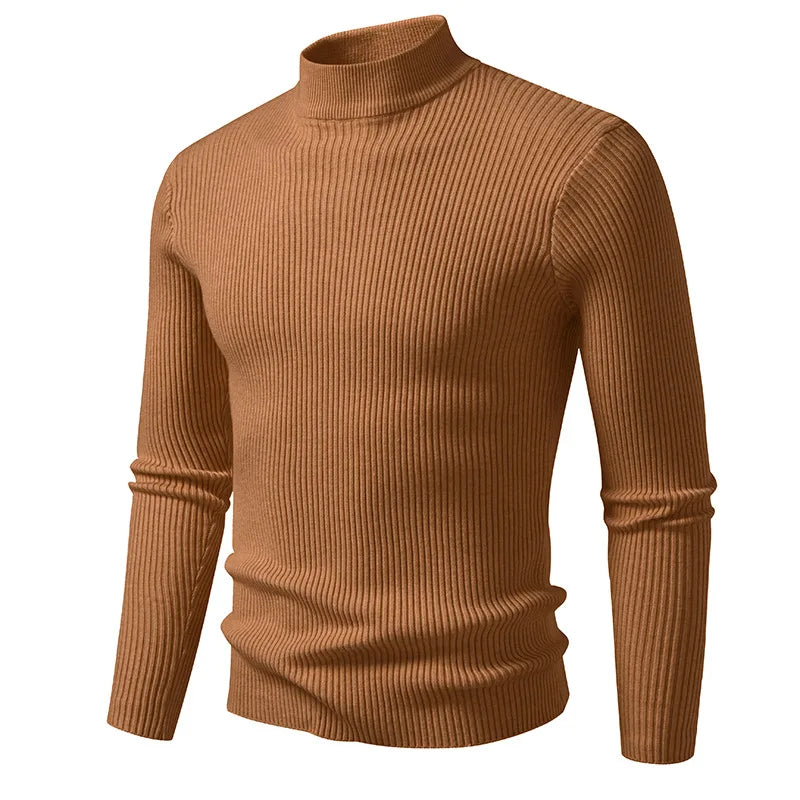 Slim Fit Men's Knitted Sweater Half High Collar Solid Color Base Layer