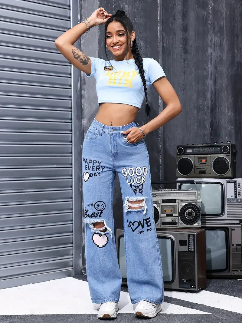 Women's Graphic Print Wide Leg Jeans - High Waisted Ripped Y2K Denim