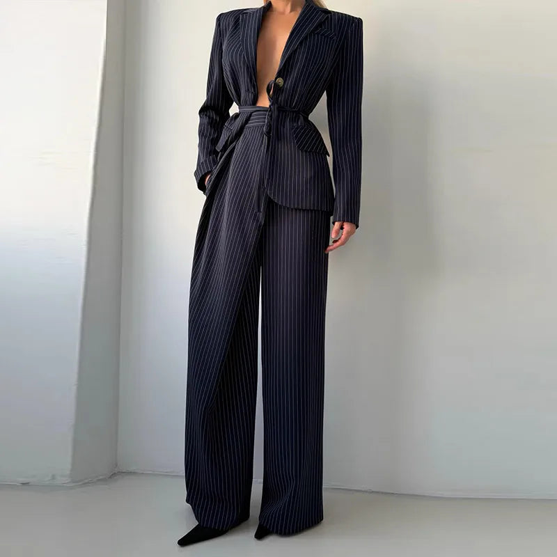 Backless Tie Waist Pinstripe Blazer Set Women 2 Pieces Lapel Button Down Blazer With High Waist Wide Leg Pants Office Suit