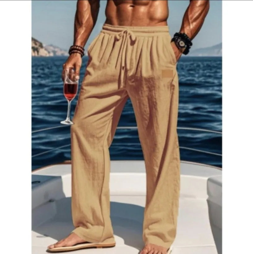 2026 Summer Men's Cotton and Linen Oversized Wide Leg Pants, Men's Artistic Style Elastic Waist Solid Color Casual Loose Pants