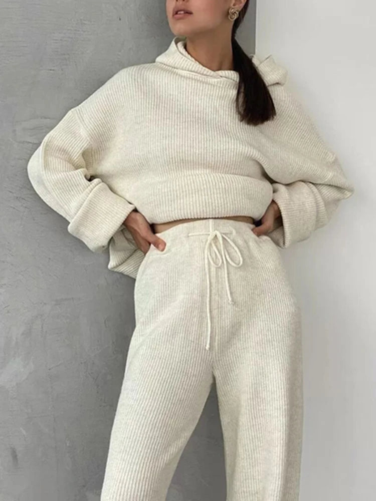 Muslim Women Two Piece Sets Women Homewear Rib Knitted Soft Pajamas Casual Loose Hooded Tops And Wide Leg Pants Suit Sportswear