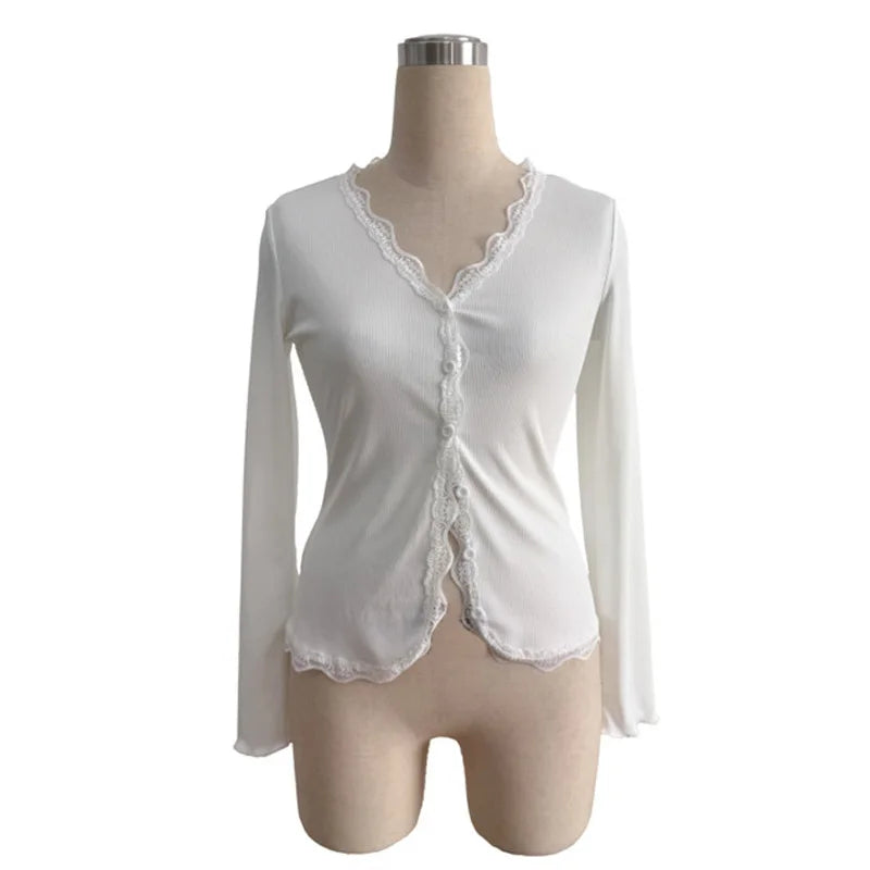 Tossy Casual Knitwear Lace V-Neck Cardigan Women Slim Solid Long Sleeves Commuting
