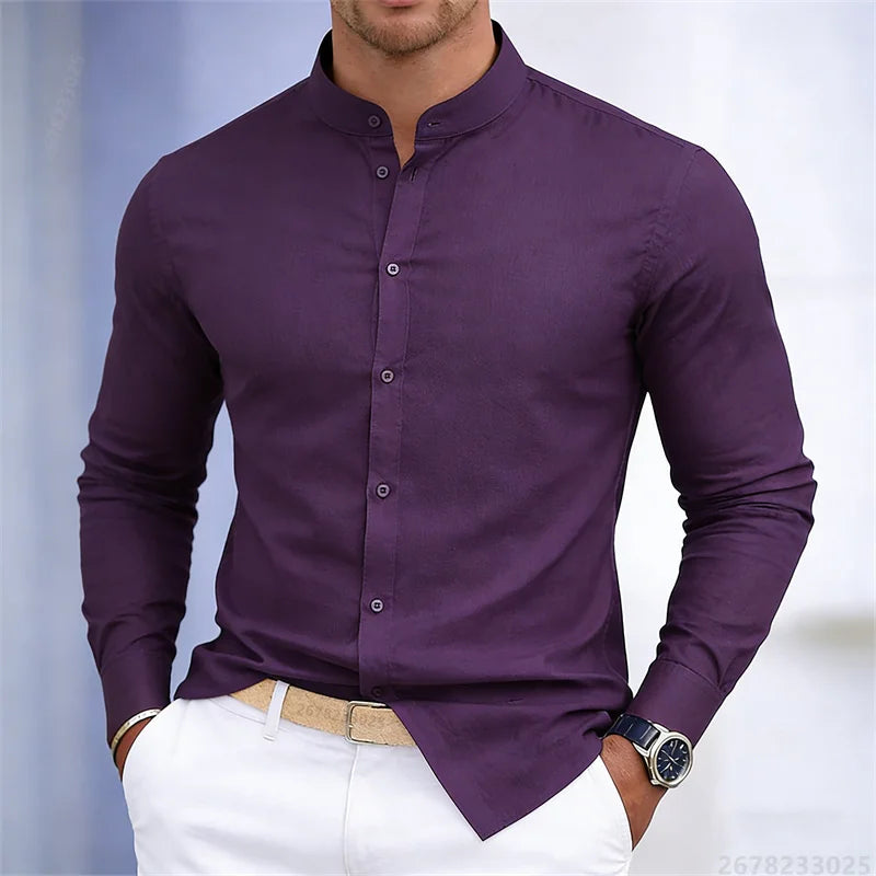 Men's Stand-Up Collar Long-Sleeve Shirt - Slim Fit Casual Business Shirt
