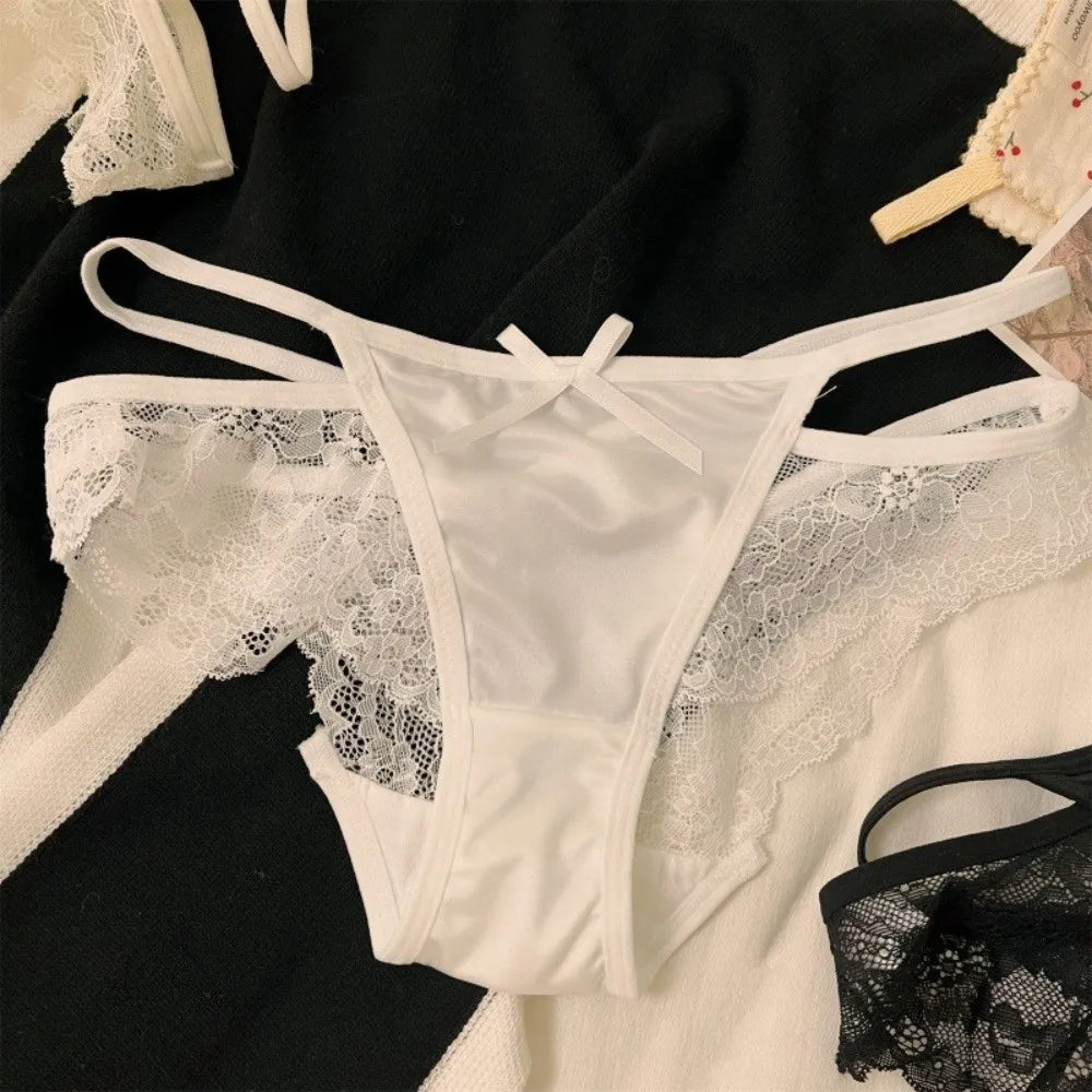 Comfortable Sweet Lace Panties Low Waist Flower Underwear for Women Hollow Cotton Crotch Satin Silk Briefs Female