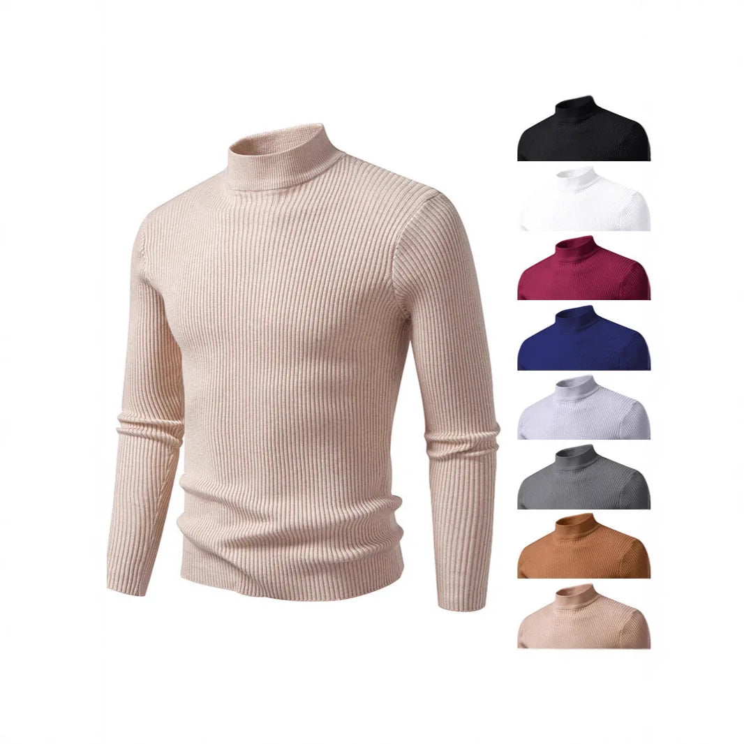 Slim Fit Men's Knitted Sweater Half High Collar Solid Color Base Layer