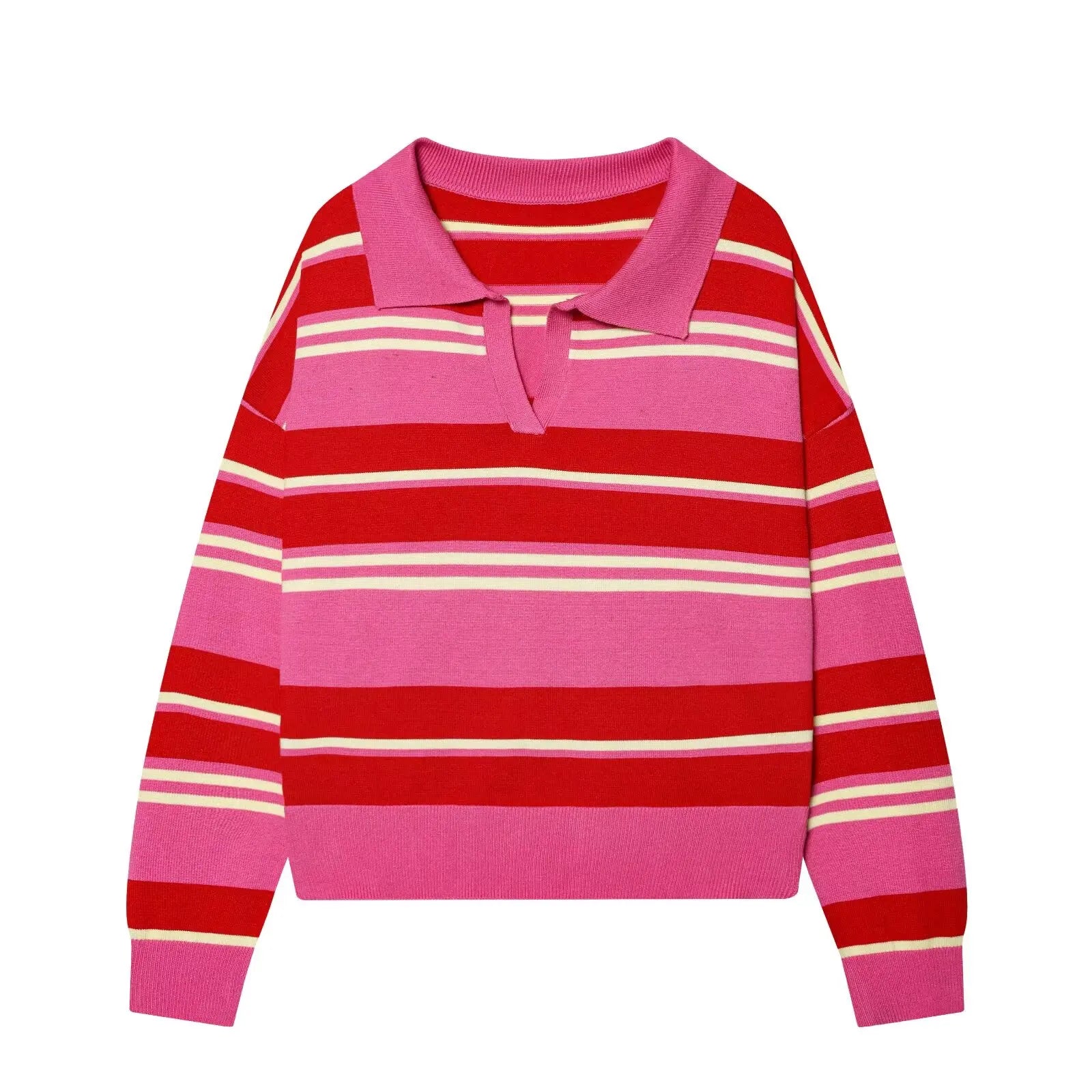Women`s Striped Polo Neck Knitted Sweater - Casual Oversized Pullover