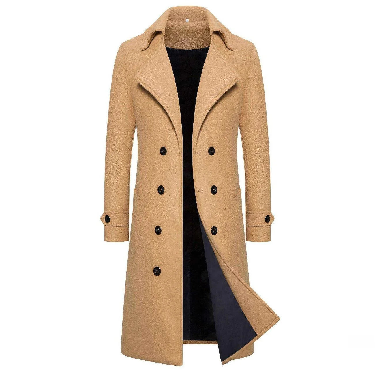Men's Long Double-Breasted Woolen Coat Autumn Winter Fashion Slim Fit Windbreaker Coat Thickened Rabbit Fur Lined Sporty