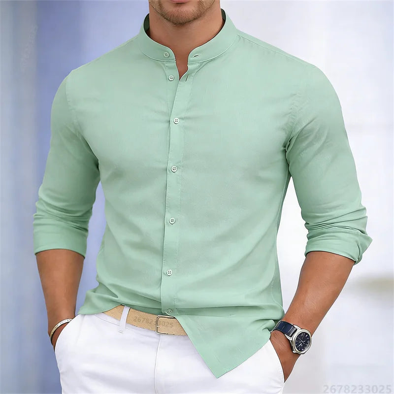Men's Stand-Up Collar Long-Sleeve Shirt - Slim Fit Casual Business Shirt