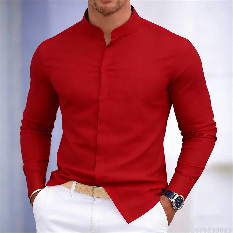 Men's Stand-Up Collar Long-Sleeve Shirt - Slim Fit Casual Business Shirt